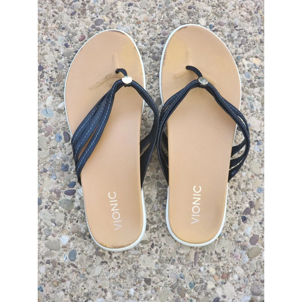 Vionic Black Multi-Strap Orthotic Flip Flop Sandals Womens 11M Tan Footbed